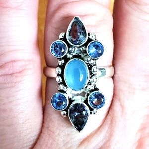 New Blue Quartz and Chalcedony Silver Plated Ring.